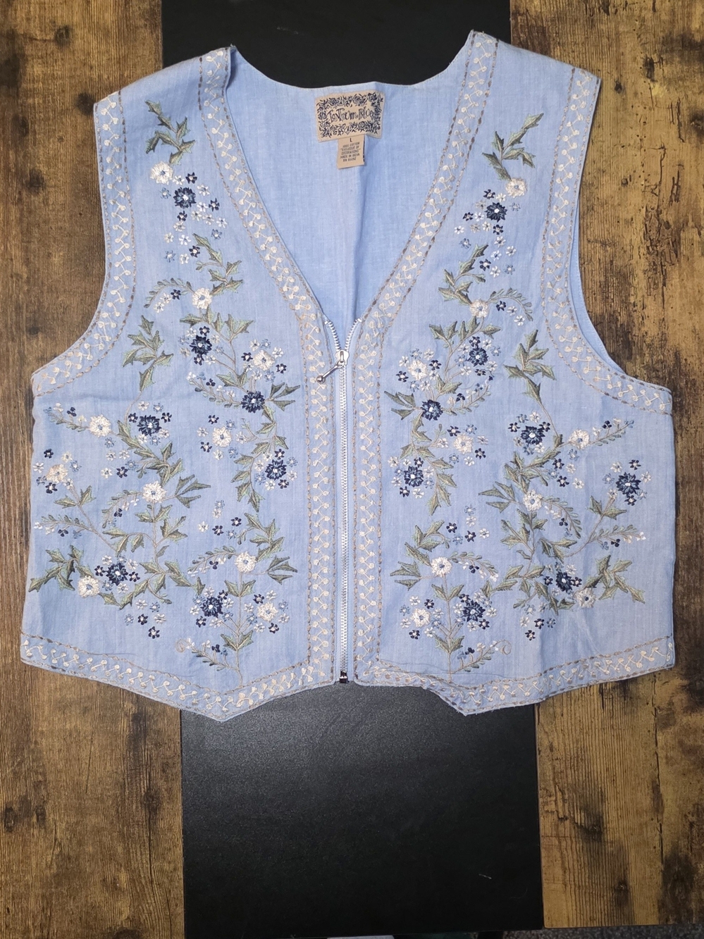Light Blue Embroidered Floral Zip-Front Vest by Christopher & Banks